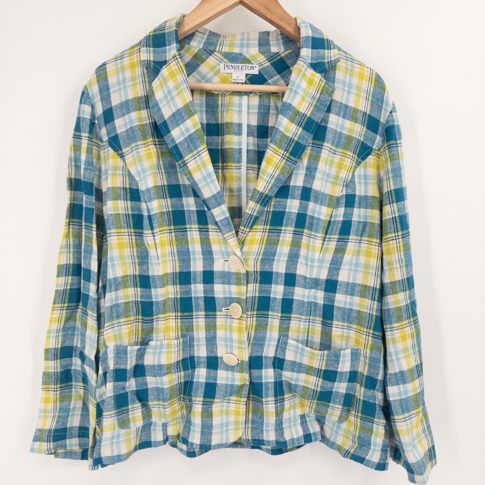 Pendleton Petite Plaid Linen Blazer Jacket Womens L Preppy Academia Blue Green